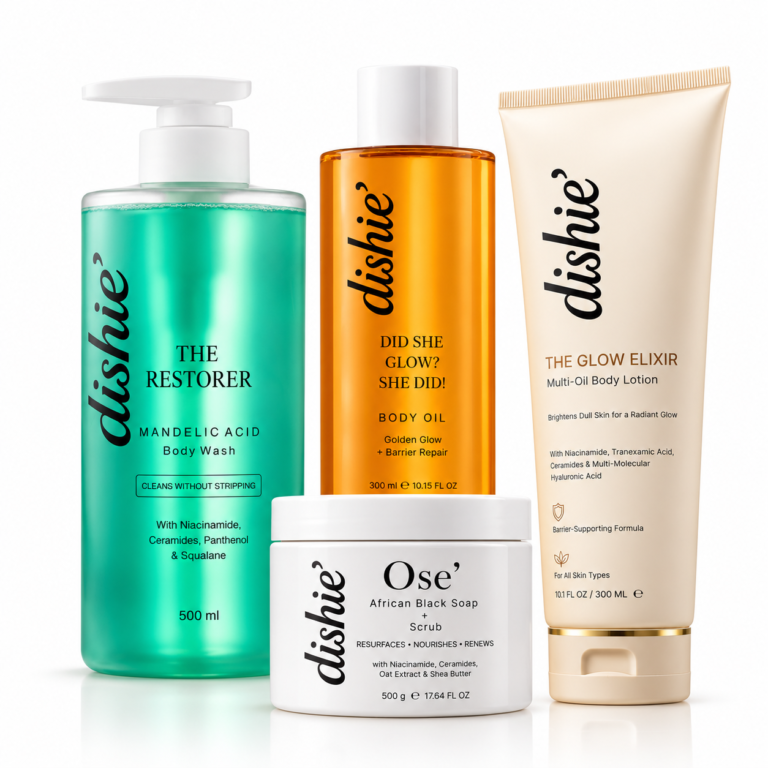 dishie’ Body Care Set featuring The Restorer Mandelic Acid Body Wash, She Did Glow Body Oil, Glow Elixir Multi-Oil Body Lotion, and Ose’ African Black Soap + Scrub, displayed together on a clean white studio background.