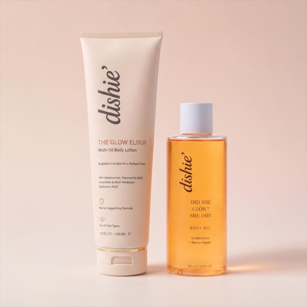 dishie’ Double the Glow Body Care Duo featuring Glow Elixir Multi-Oil Body Lotion 300ml and She Did Glow Body Oil 100ml for soft, hydrated, glowing skin.