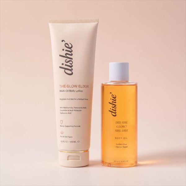dishie’ Double the Glow Body Care Duo featuring Glow Elixir Multi-Oil Body Lotion 300ml and She Did Glow Body Oil 100ml for soft, hydrated, glowing skin.