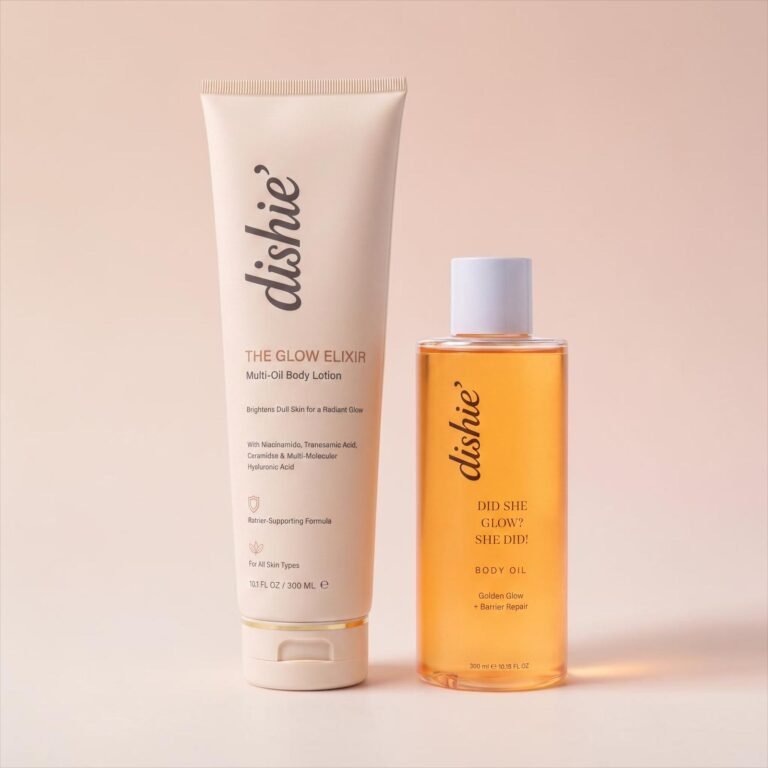 dishie’ Double the Glow Body Care Duo featuring Glow Elixir Multi-Oil Body Lotion 300ml and She Did Glow Body Oil 100ml for soft, hydrated, glowing skin.