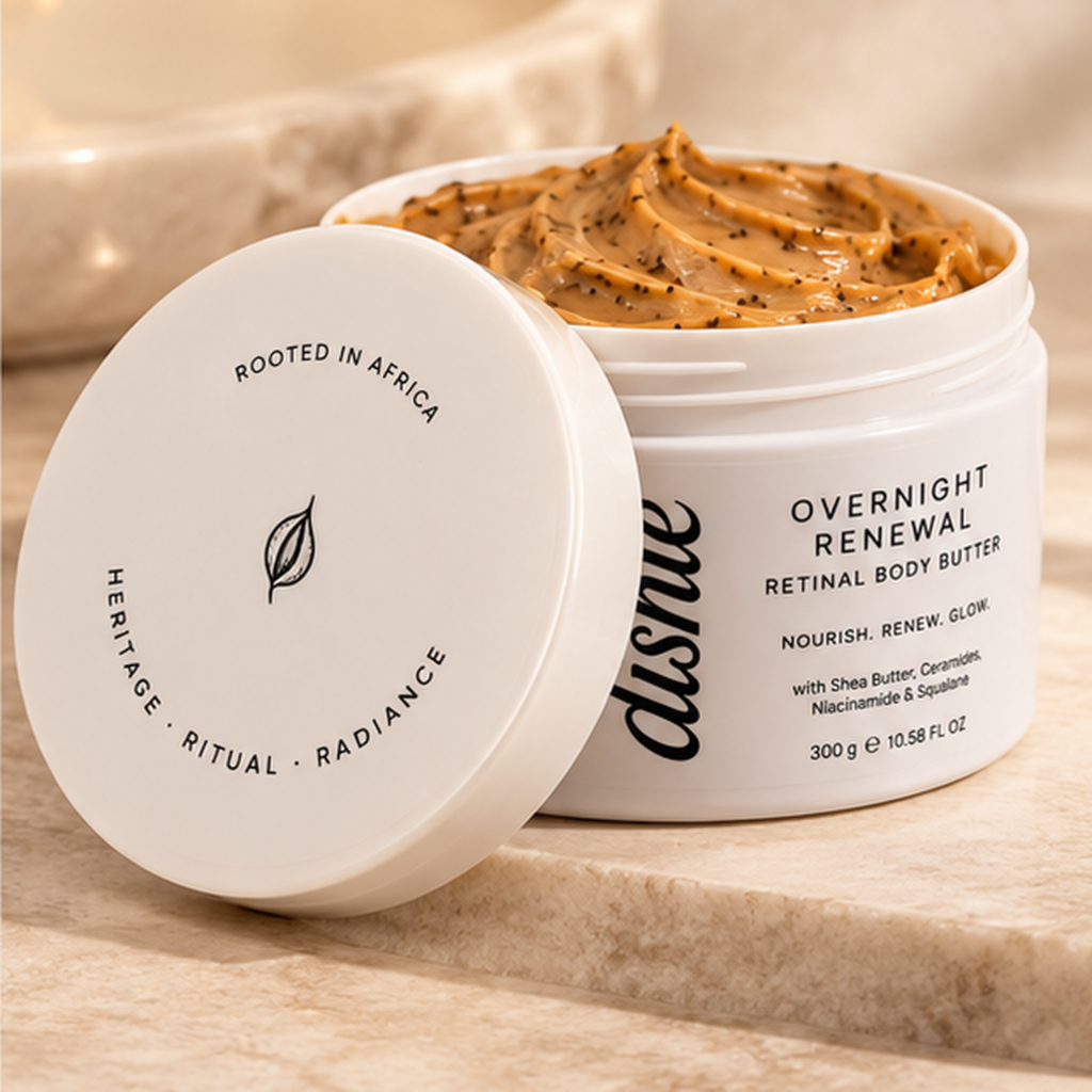 dishie’ Overnight Renewal Retinal Body Butter 300g in an open jar showing its rich, creamy texture, formulated with Shea Butter, Niacinamide, Ceramides and Squalane for smoother, softer, glowing skin.