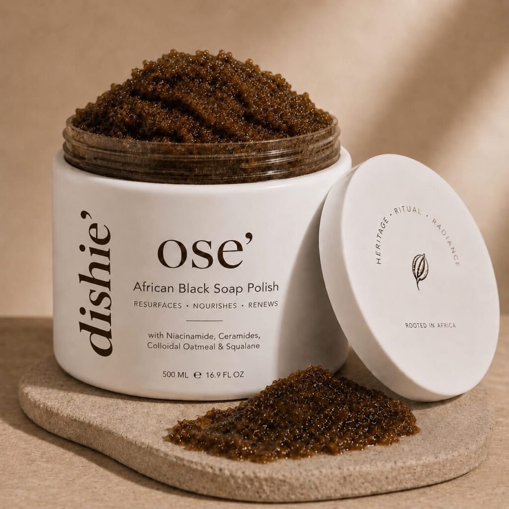 dishie’ Ose’ African Black Soap + Salt Scrub 500g with Niacinamide, Ceramides, Shea Butter and Oat Extract for exfoliating dead skin cells, smoothing skin texture and promoting radiant-looking skin.