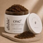 dishie’ Ose’ African Black Soap + Salt Scrub 500g with Niacinamide, Ceramides, Shea Butter and Oat Extract for exfoliating dead skin cells, smoothing skin texture and promoting radiant-looking skin.